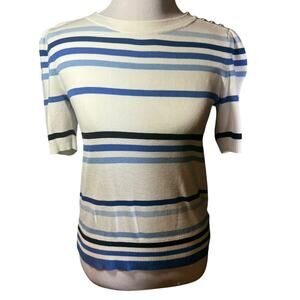 Talbots Womens Small  Pullover Sweater Short Puff Sleeve Blue White Stripe Retro